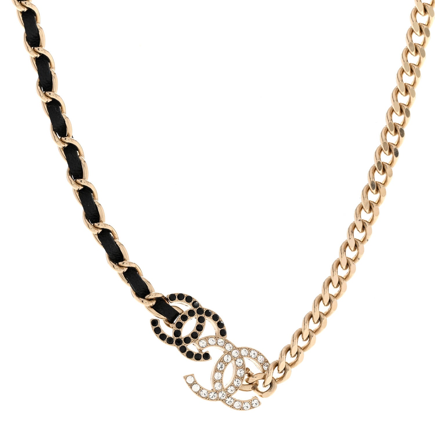 Chanel Metal Calfskin Crystal Double CC Short Necklace Black Gold 1 of 5