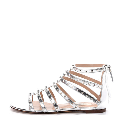 Valentino Garavani Metallic Nappa Lovestud Caged Flat Sandals 37 Silver 1 of 9