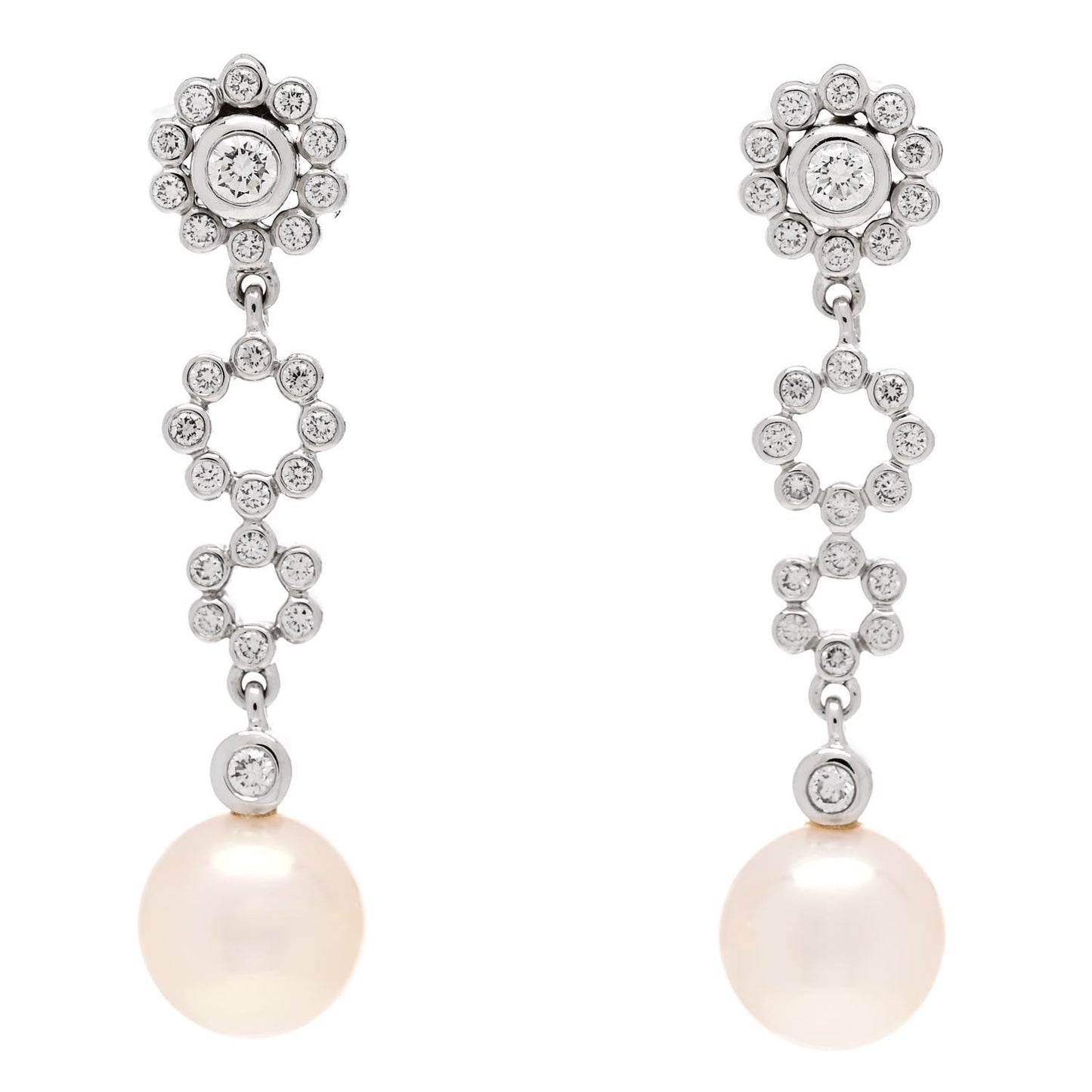 18K White Gold Diamond Akoya Pearl 7.5mm Deco Drop Earrings
