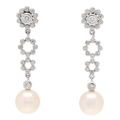 Mikimoto 18K White Gold Diamond Akoya Pearl 7.5mm Deco Drop Earrings 1 of 5