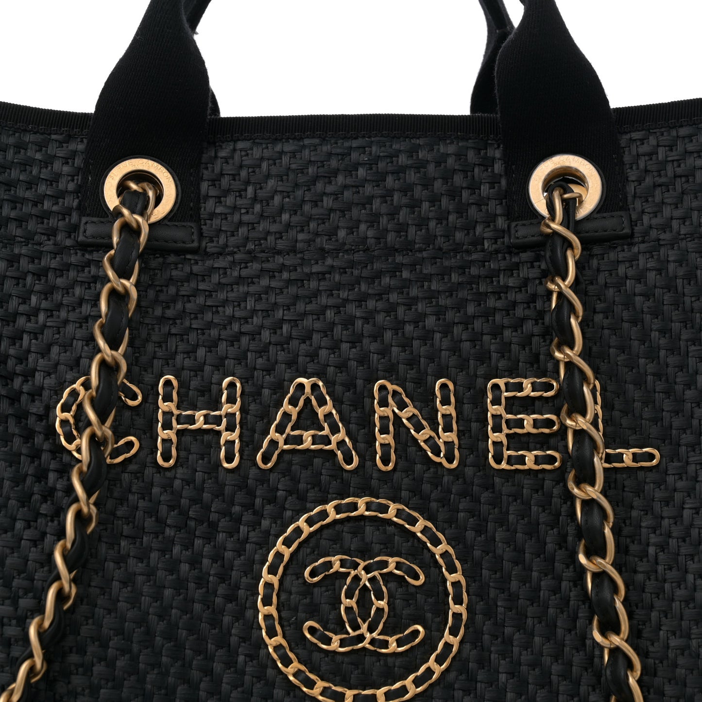 Straw Raffia Calfskin Chain Medium Deauville Black
