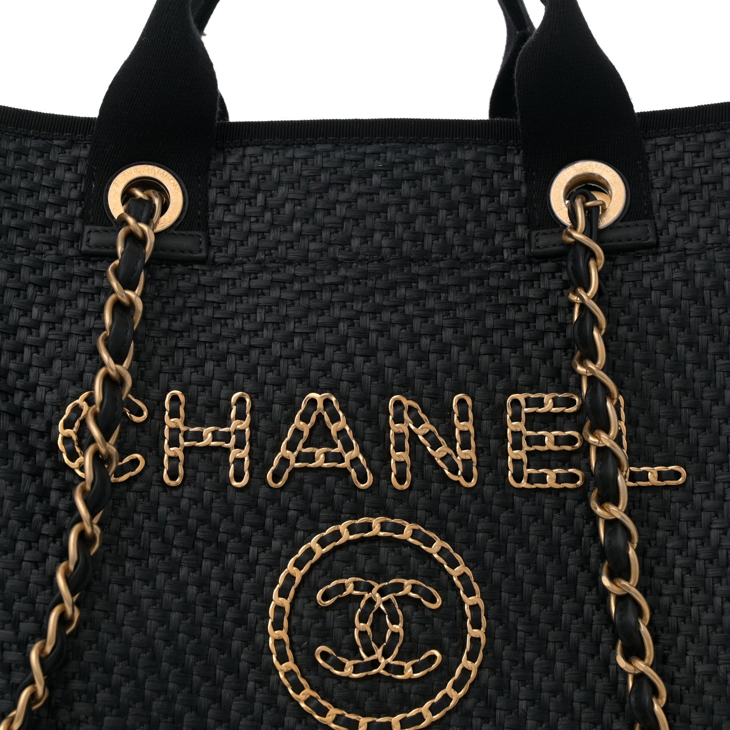 Chanel Straw Raffia Calfskin Chain Medium Deauville Black 8 of 10