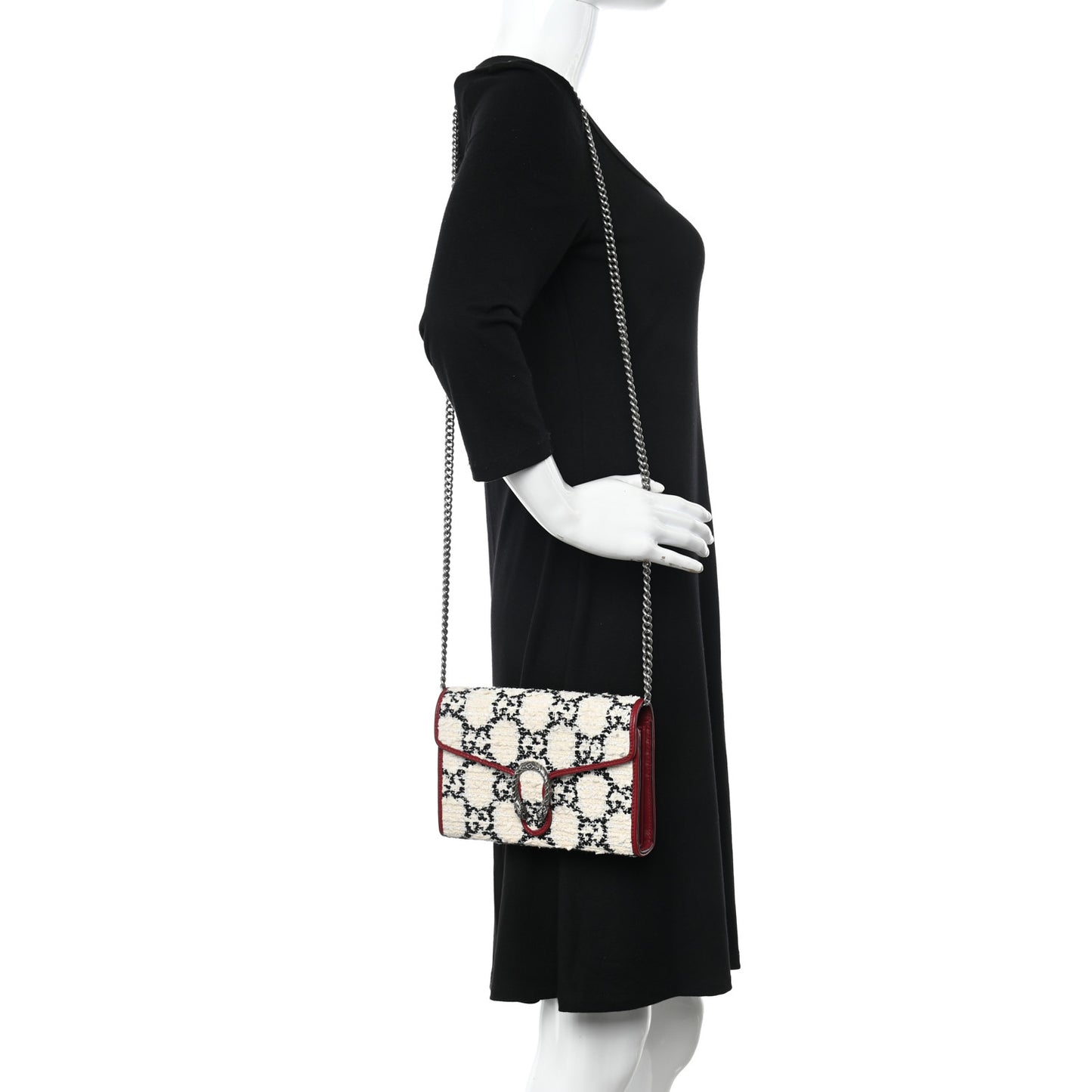 Tweed GG Monogram Mini Dionysus Chain Wallet White Black Romantic Cherry