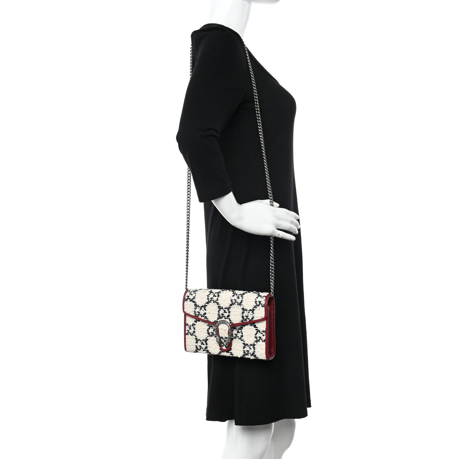 Gucci Tweed GG Monogram Mini Dionysus Chain Wallet White Black Romantic Cherry 2 of 10