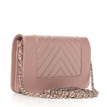 Chanel Metallic Caviar Chevron Quilted Vintage Mademoiselle Wallet On Chain WOC Pink 2 of 11