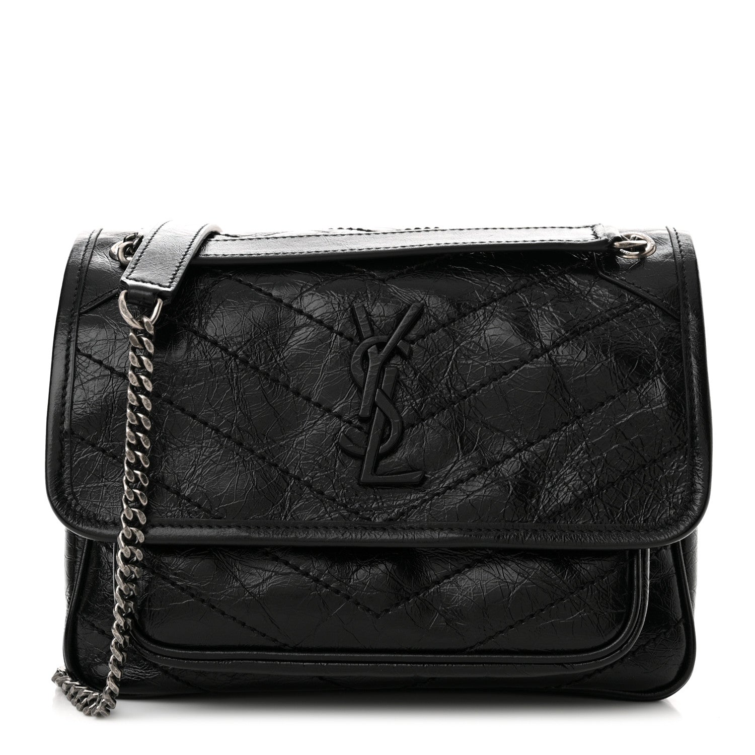 Saint Laurent Crinkled Lambskin Matelasse Monogram Baby Niki Chain Satchel Black 1 of 12