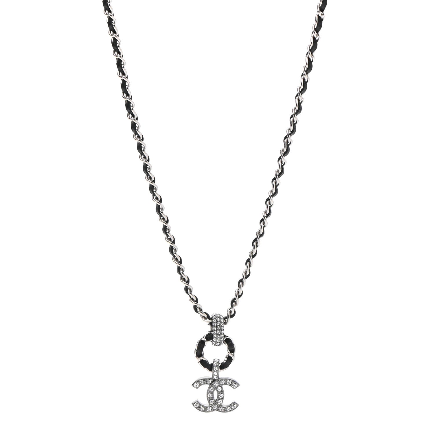 Chanel Metal Lambskin CC Chain Necklace Silver Black 1 of 6
