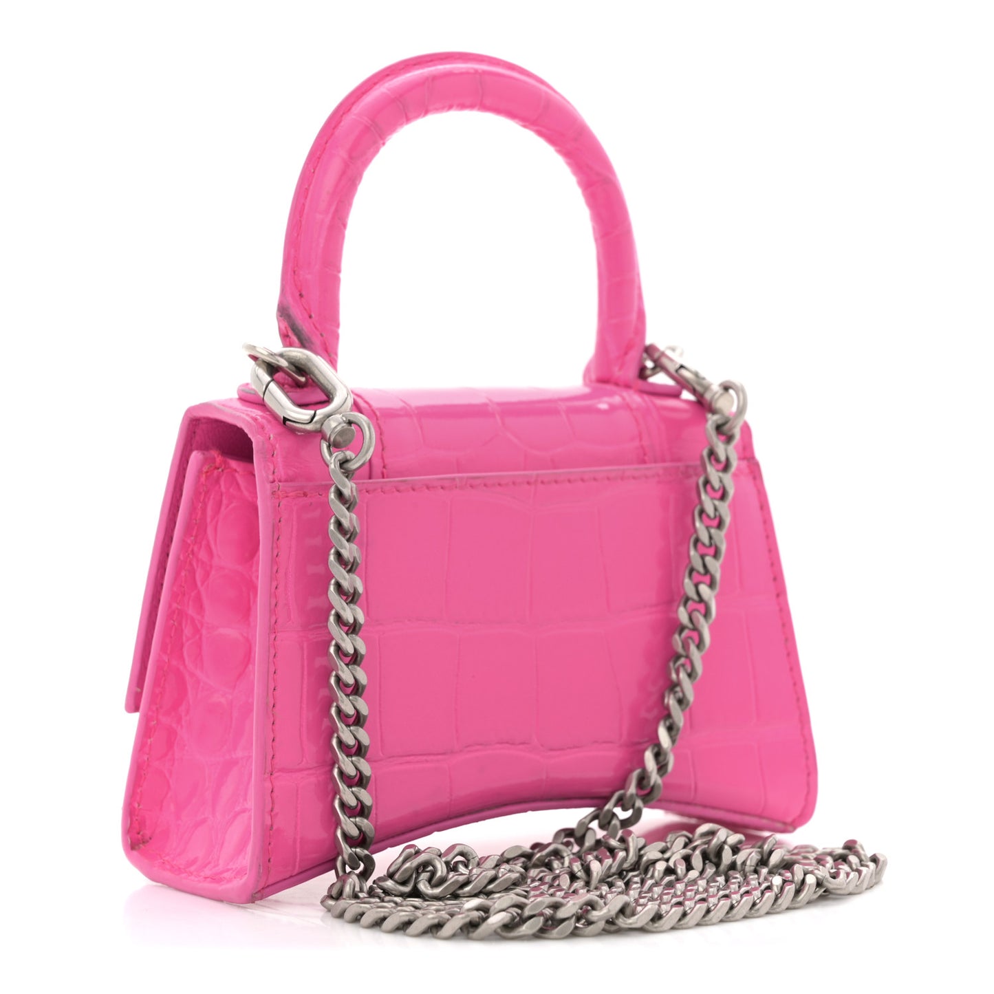 Shiny Calfskin Crocodile Embossed Hourglass Top Handle Bag Mini with Chain Neon Pink