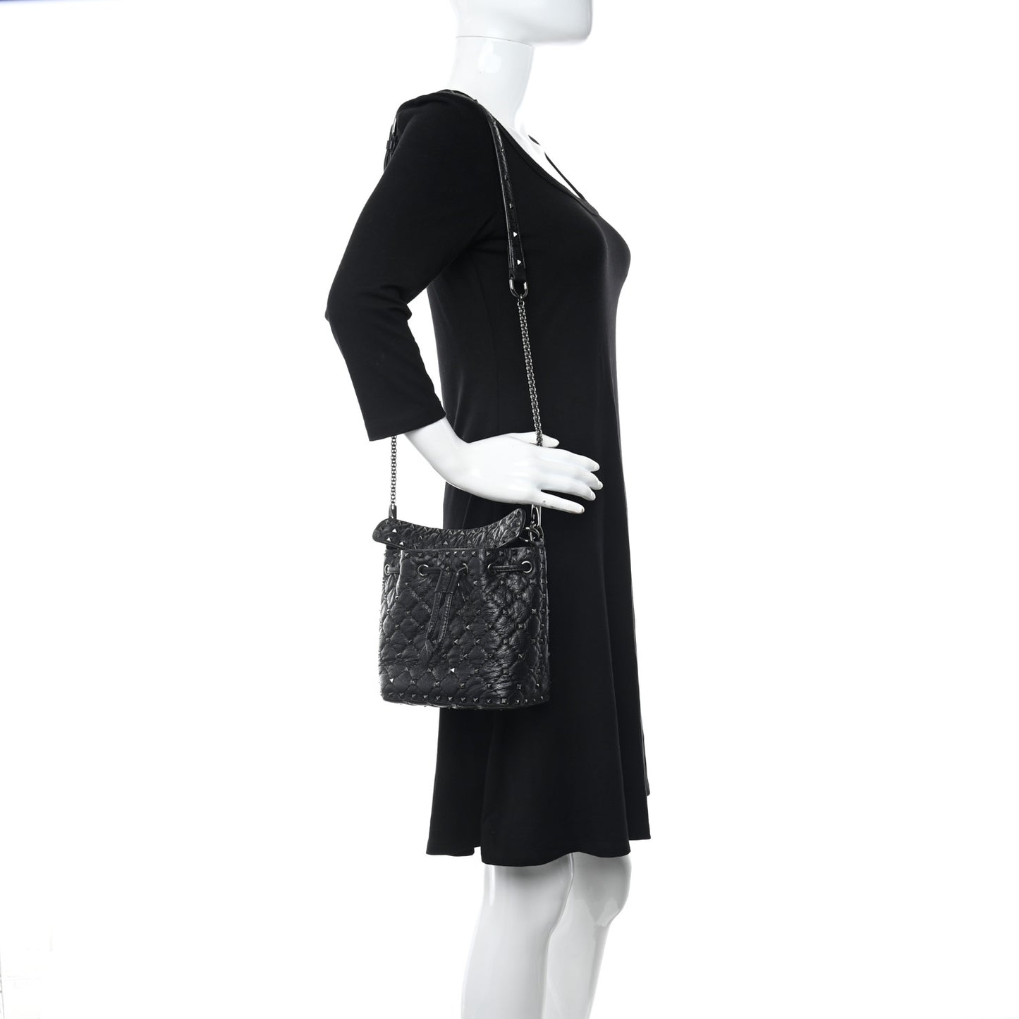 Craquele Nappa Small Rockstud Spike Bucket Bag Black