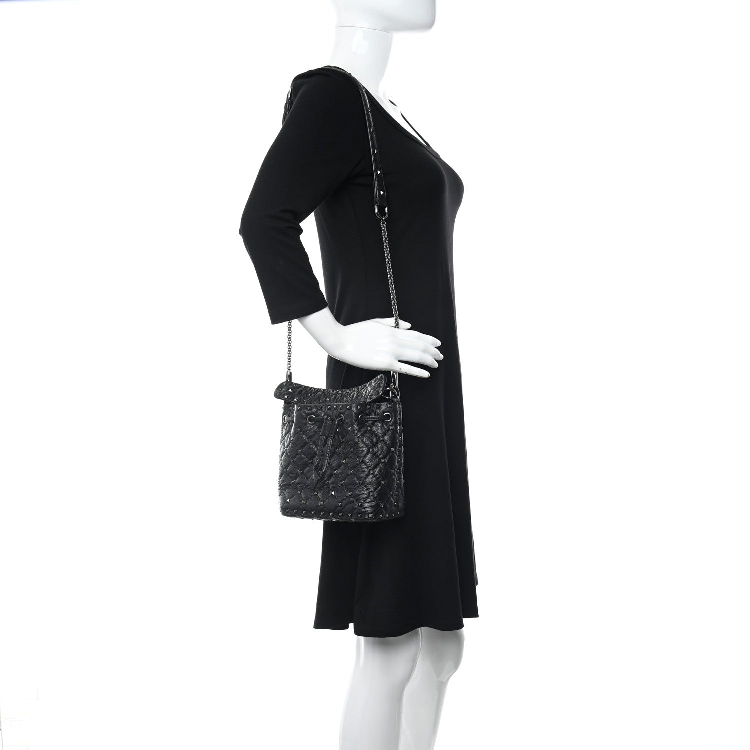 Valentino Garavani Craquele Nappa Small Rockstud Spike Bucket Bag Black 2 of 9