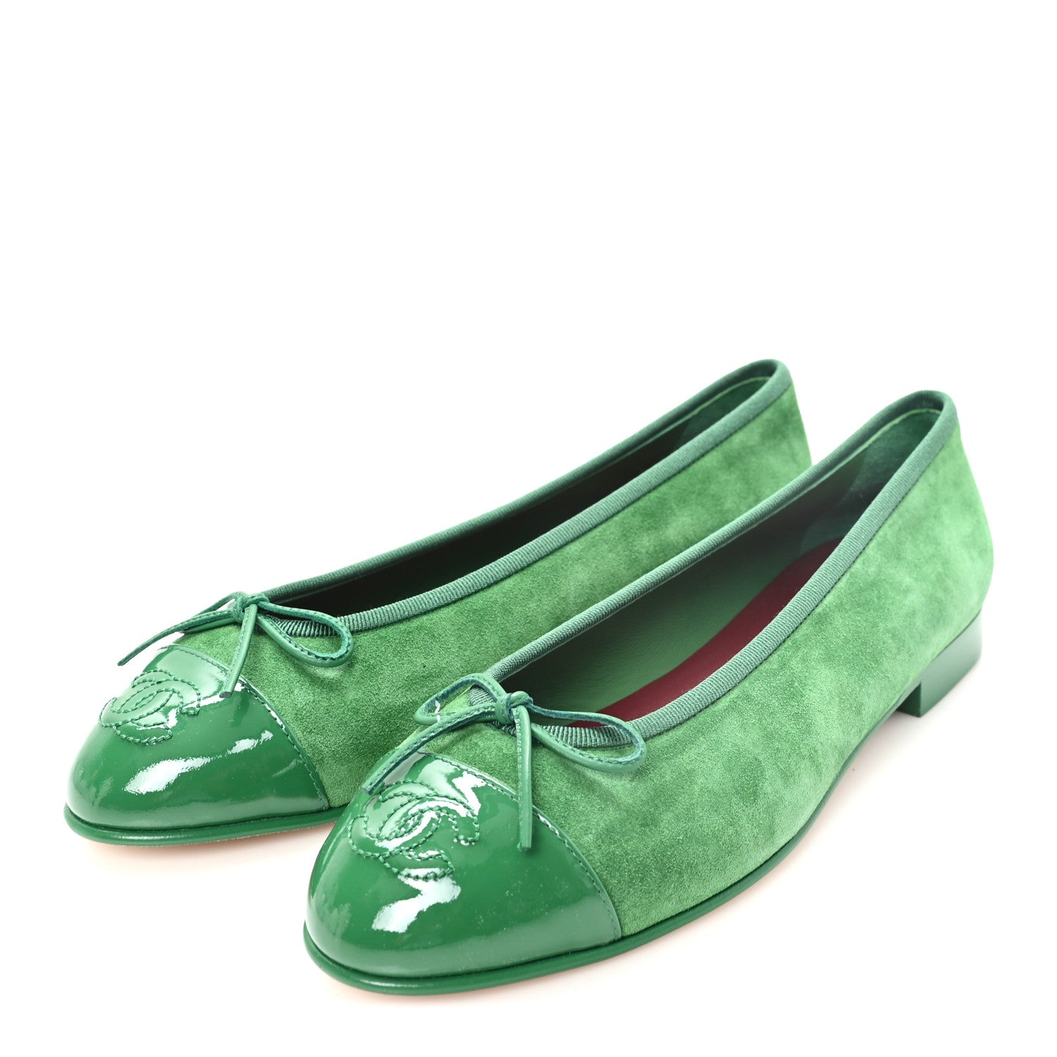 Chanel Suede Patent Cap Toe CC Ballerina Flats 38 Green 4 of 10
