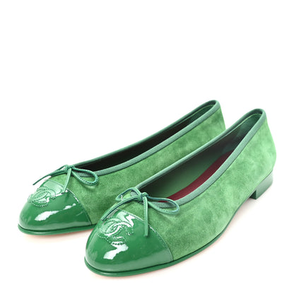Chanel Suede Patent Cap Toe CC Ballerina Flats 38 Green 4 of 10