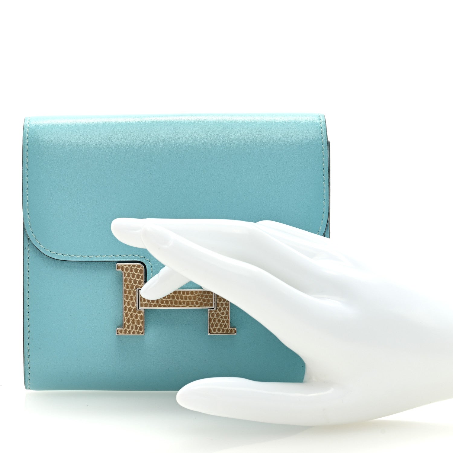Hermes Tadelakt Lizard Constance Short Wallet Bleu Atoll Ficelle 2 of 6