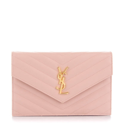 Saint Laurent Grain De Poudre Matelasse Chevron Monogram Envelope Chain Wallet Pale Pink 1 of 7