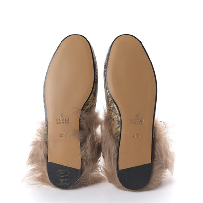 Gucci Brocade Fur Womens Princetown Slippers 35.5 Brown 5 of 9