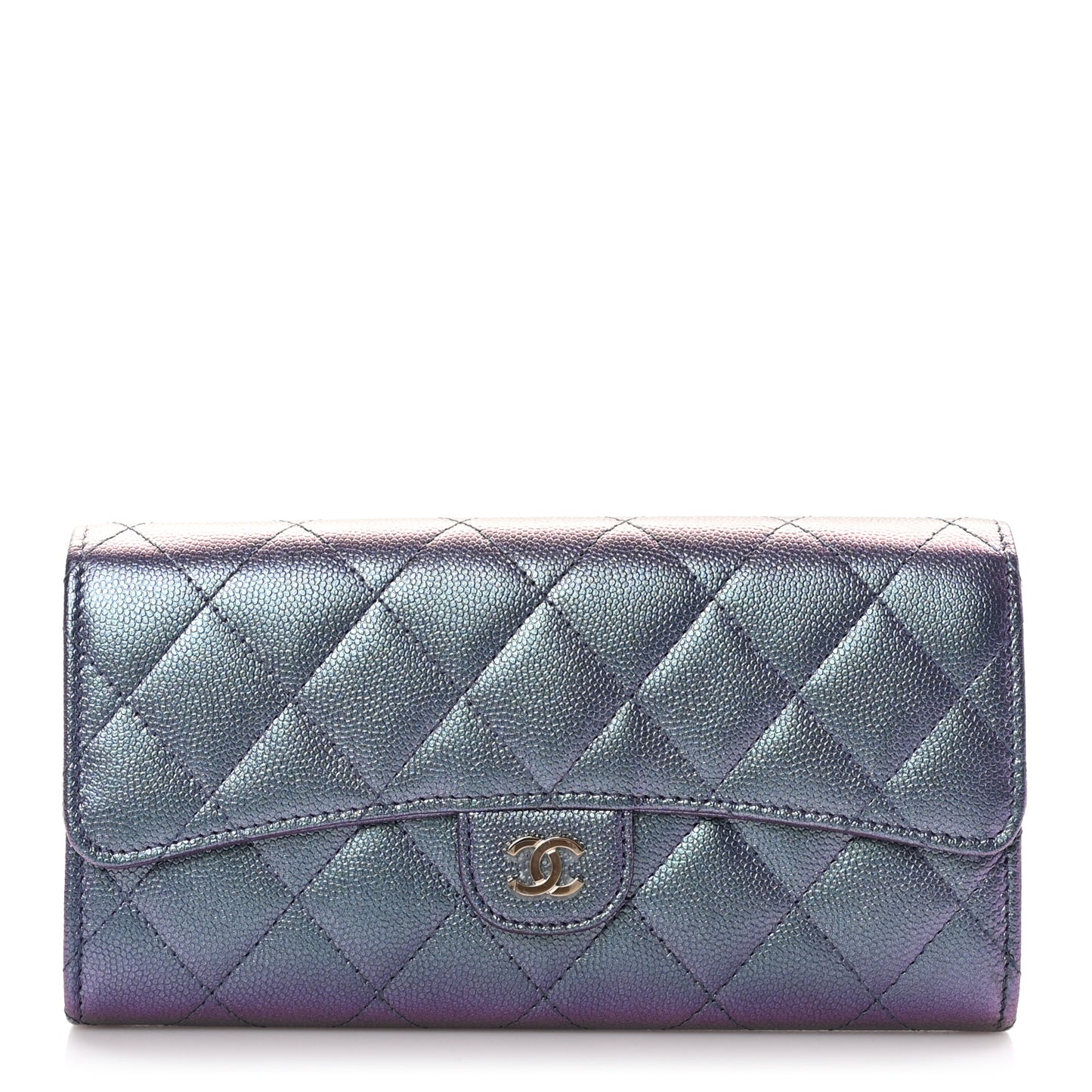 Iridescent Caviar Quilted Large Gusset Flap Wallet Dark Blue