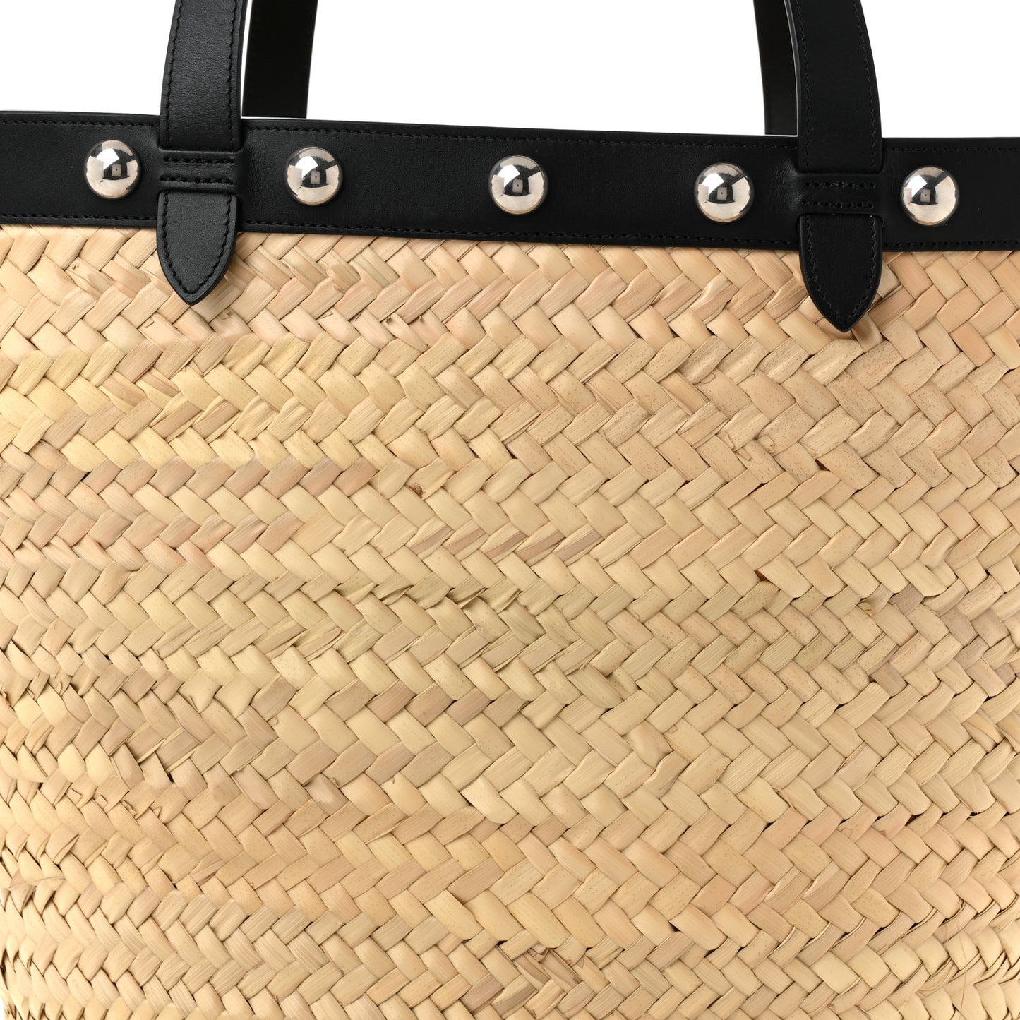 Raffia Calfskin Studs Basket Shoulder Bag Tote Black