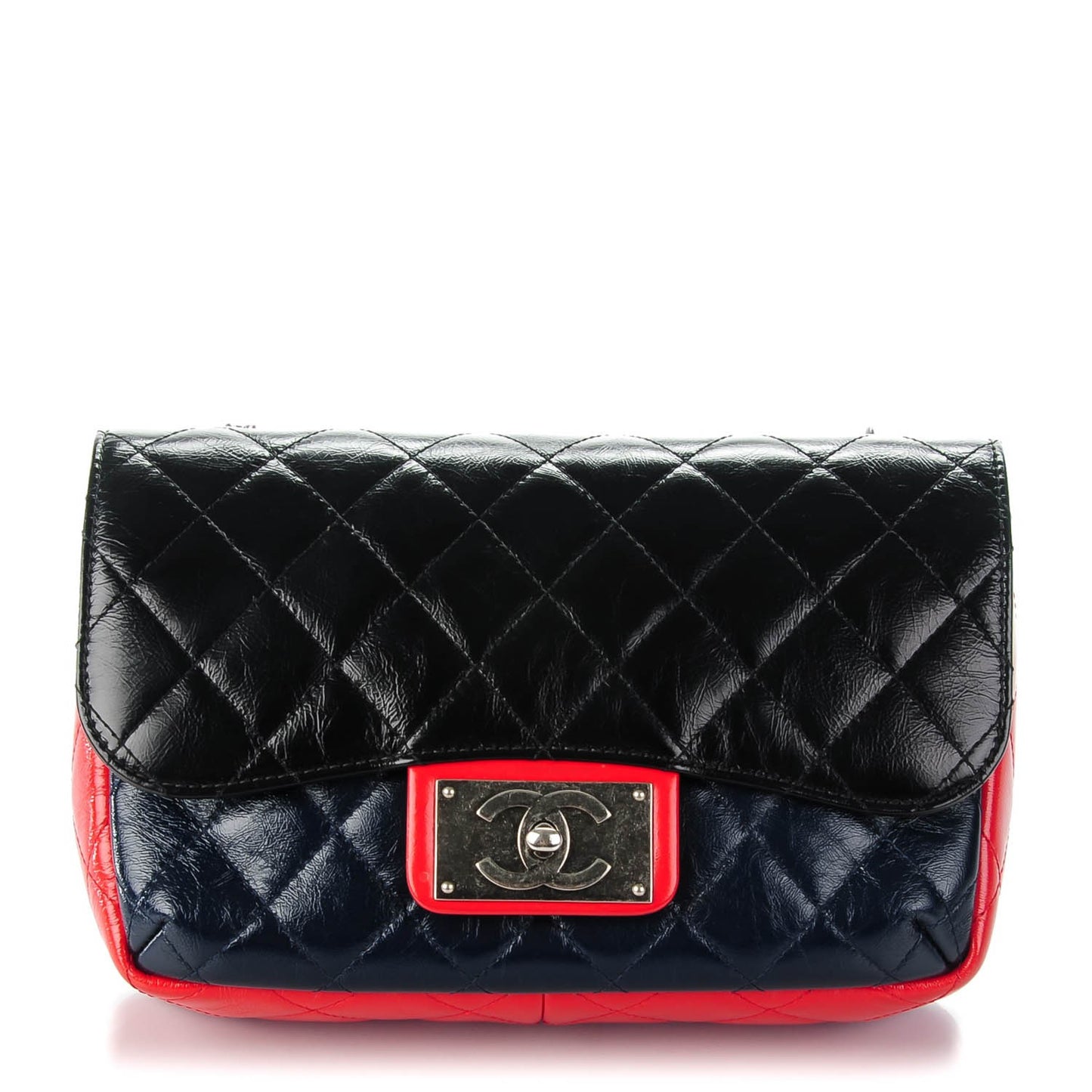 Shiny Goatskin Quilted Tri-Color Flap Black Red Navy