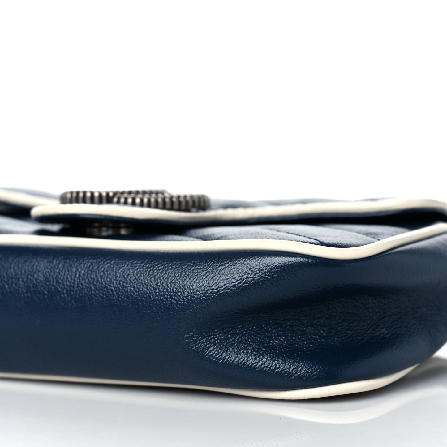 Vintage Effect Calfskin Matelasse Diagonal Super Mini Torchon GG Marmont Shoulder Bag Blue Agata Mystic White