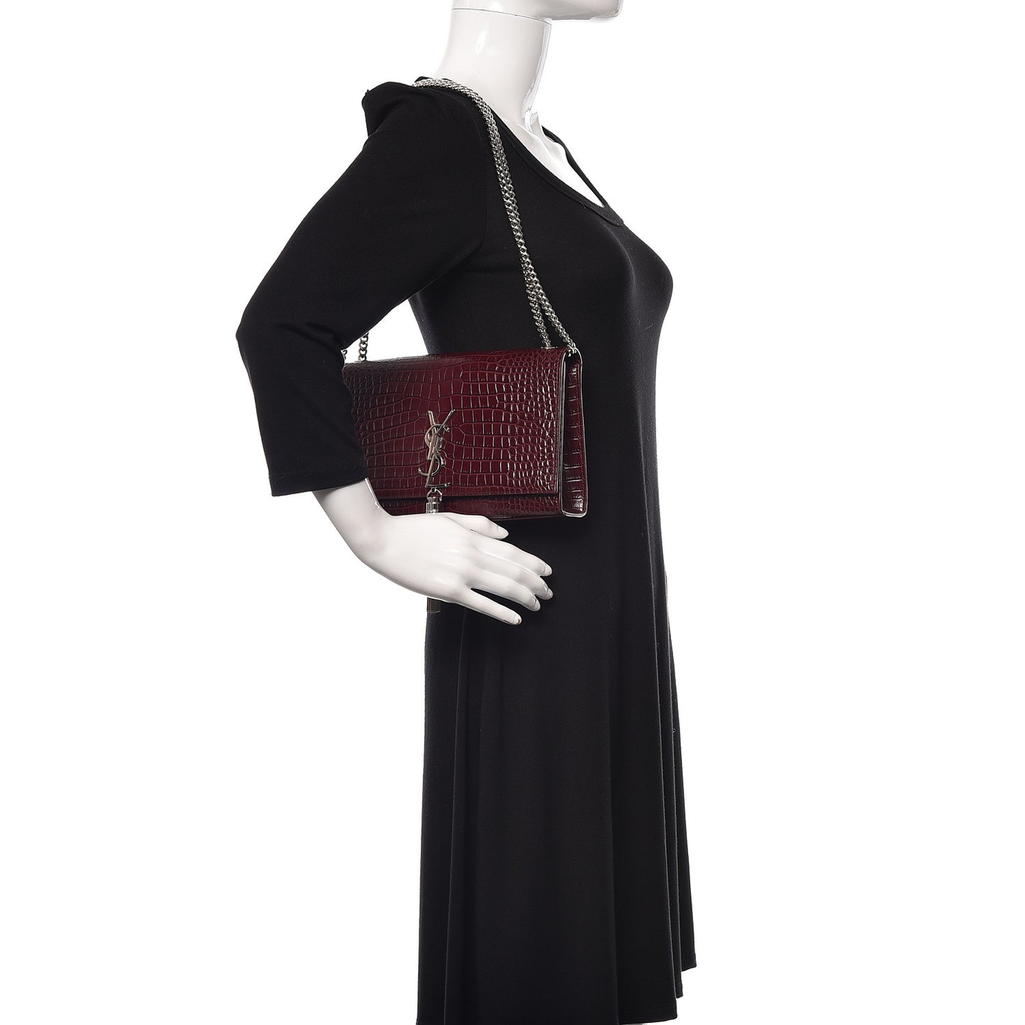 Calfskin Crocodile Embossed Medium Classic Monogram Kate Tassel Satchel Dark Red