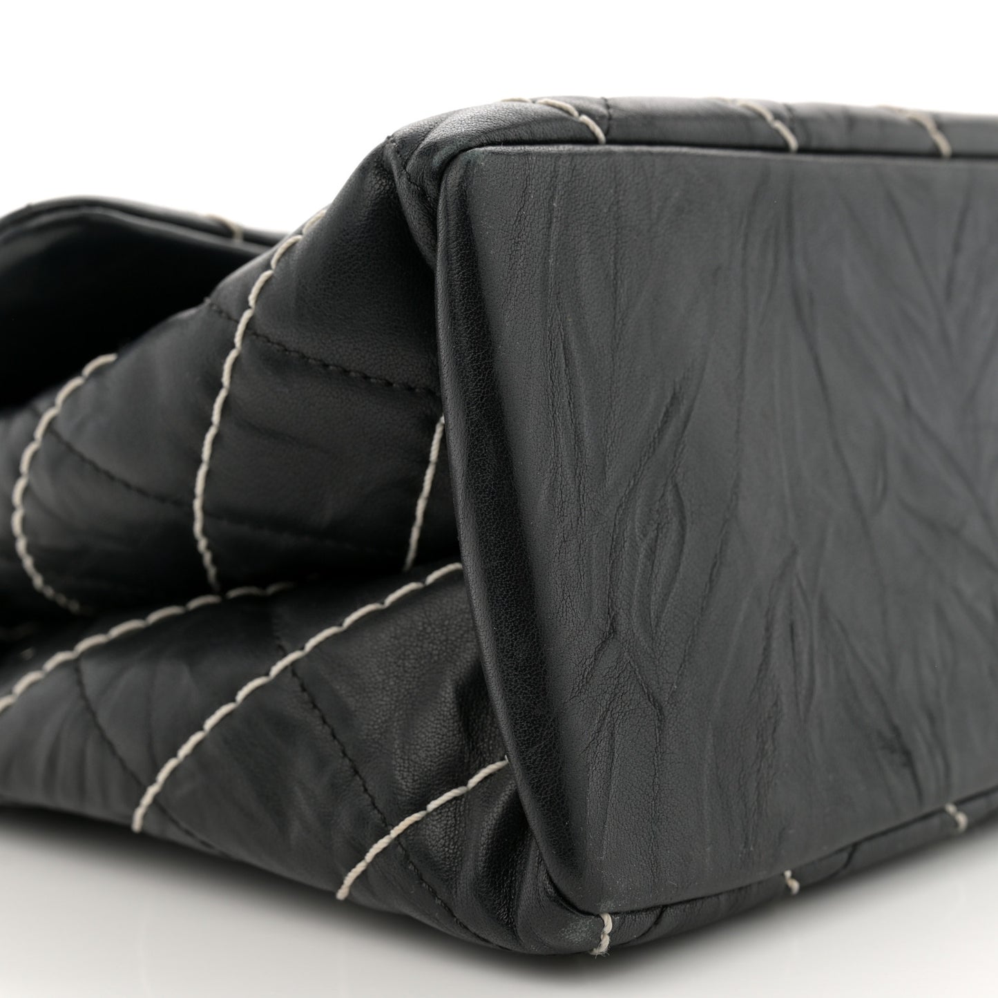 Aged Calfskin Chevron Stitched Quilted Flap Black