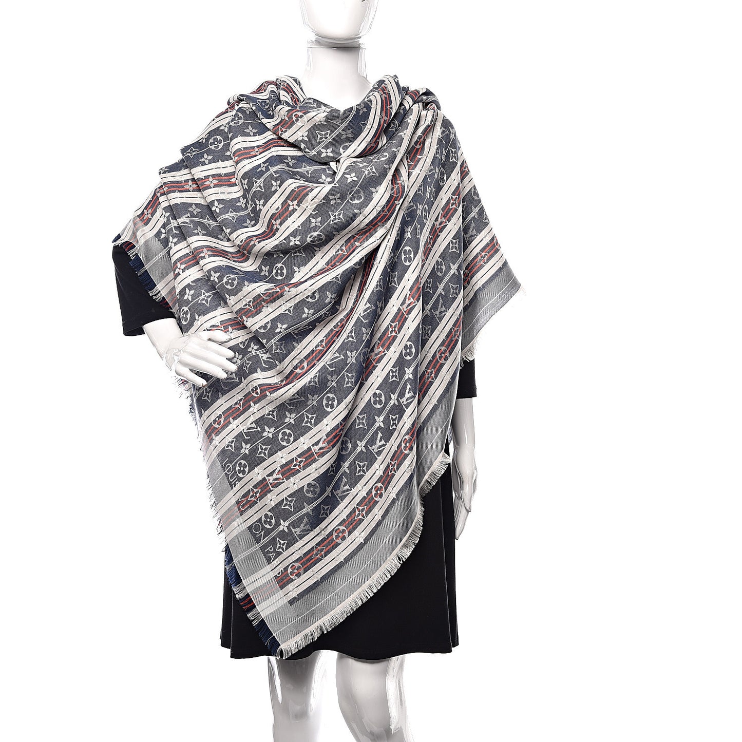 Silk Wool Monogram Mattress Stripes Shawl Blue Jean