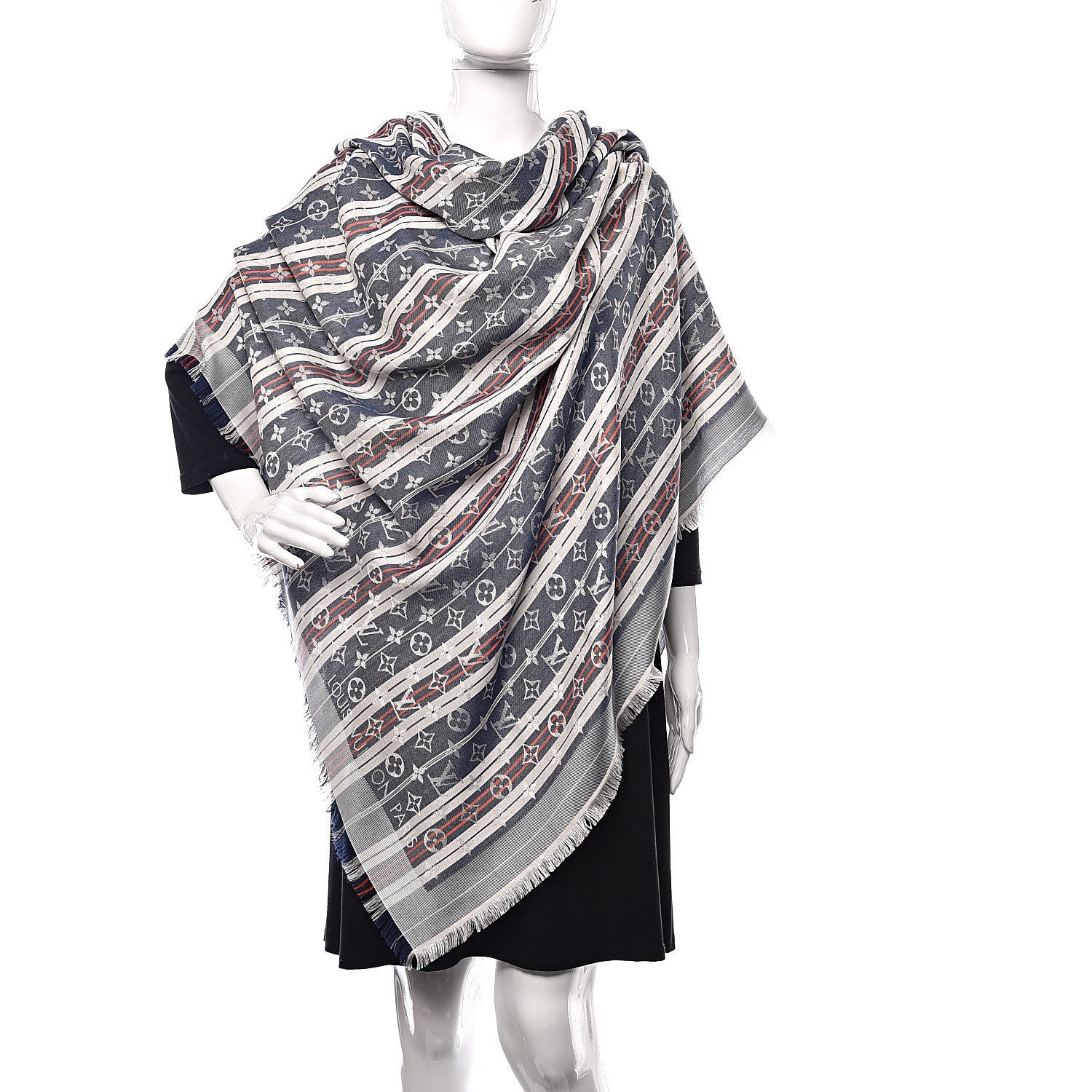 Louis Vuitton Silk Wool Monogram Mattress Stripes Shawl Blue Jean 2 of 5