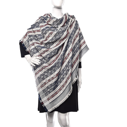 Louis Vuitton Silk Wool Monogram Mattress Stripes Shawl Blue Jean 2 of 5