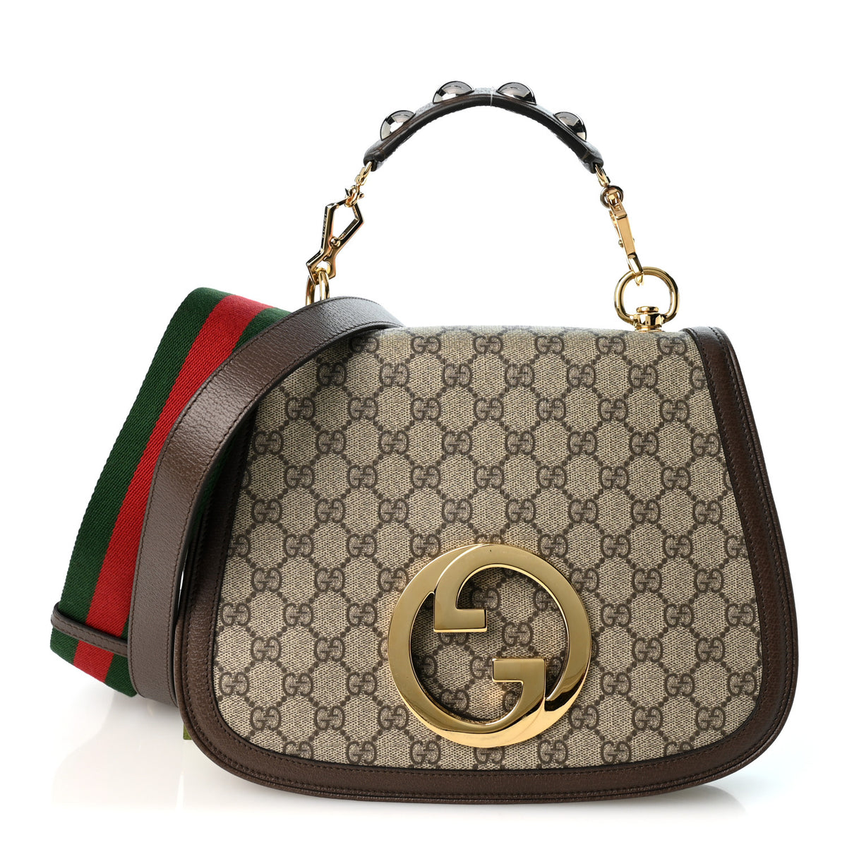 Gucci GG Supreme Monogram Textured Dollar Calfskin Web Medium Blondie Top Handle Shoulder Flap Bag Beige Ebony New Acero 1 of 10