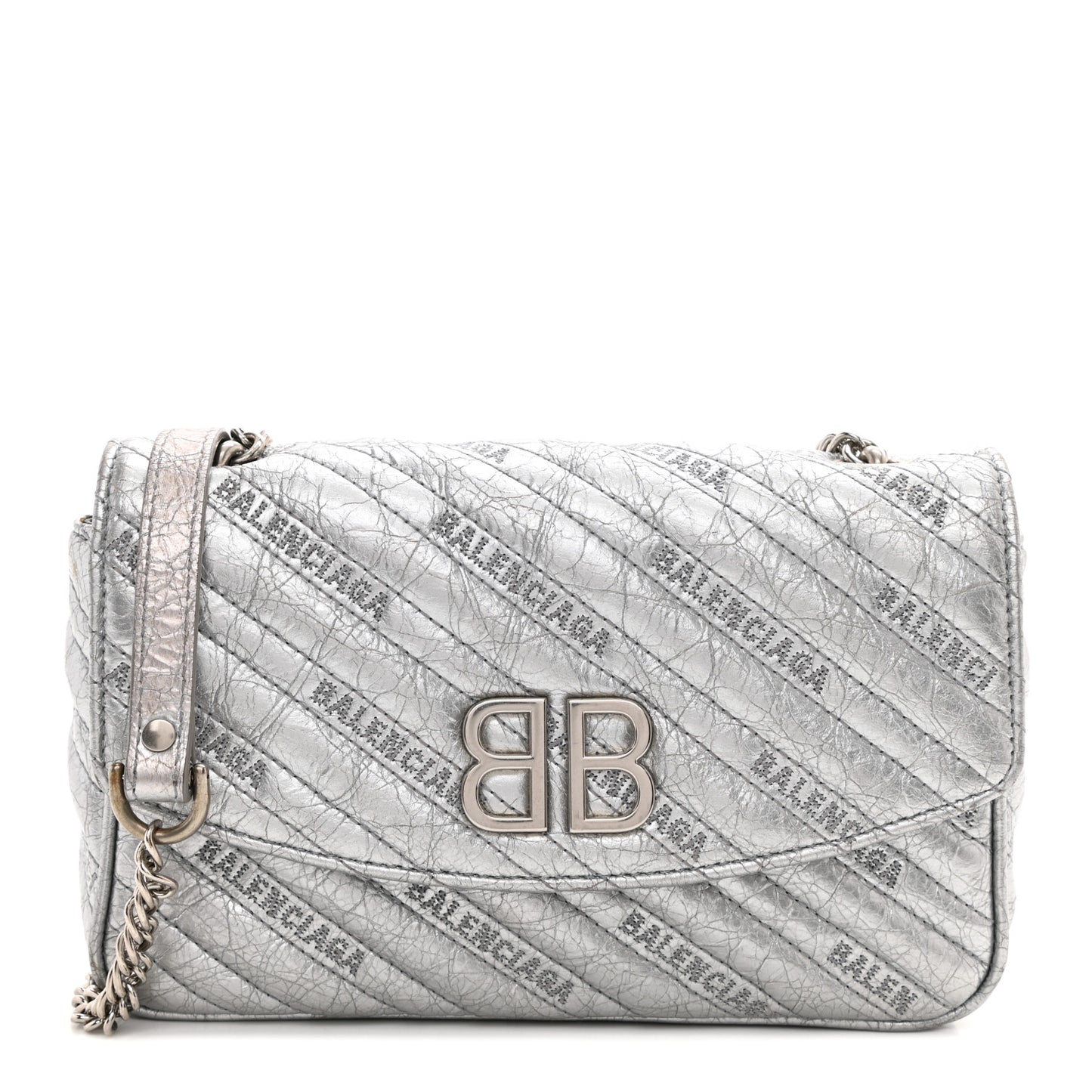 Metallic Arena Calfskin Logo Matelasse BB Chain Wallet Argent