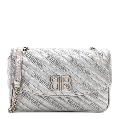 Balenciaga Metallic Arena Calfskin Logo Matelasse BB Chain Wallet Argent 2 of 13