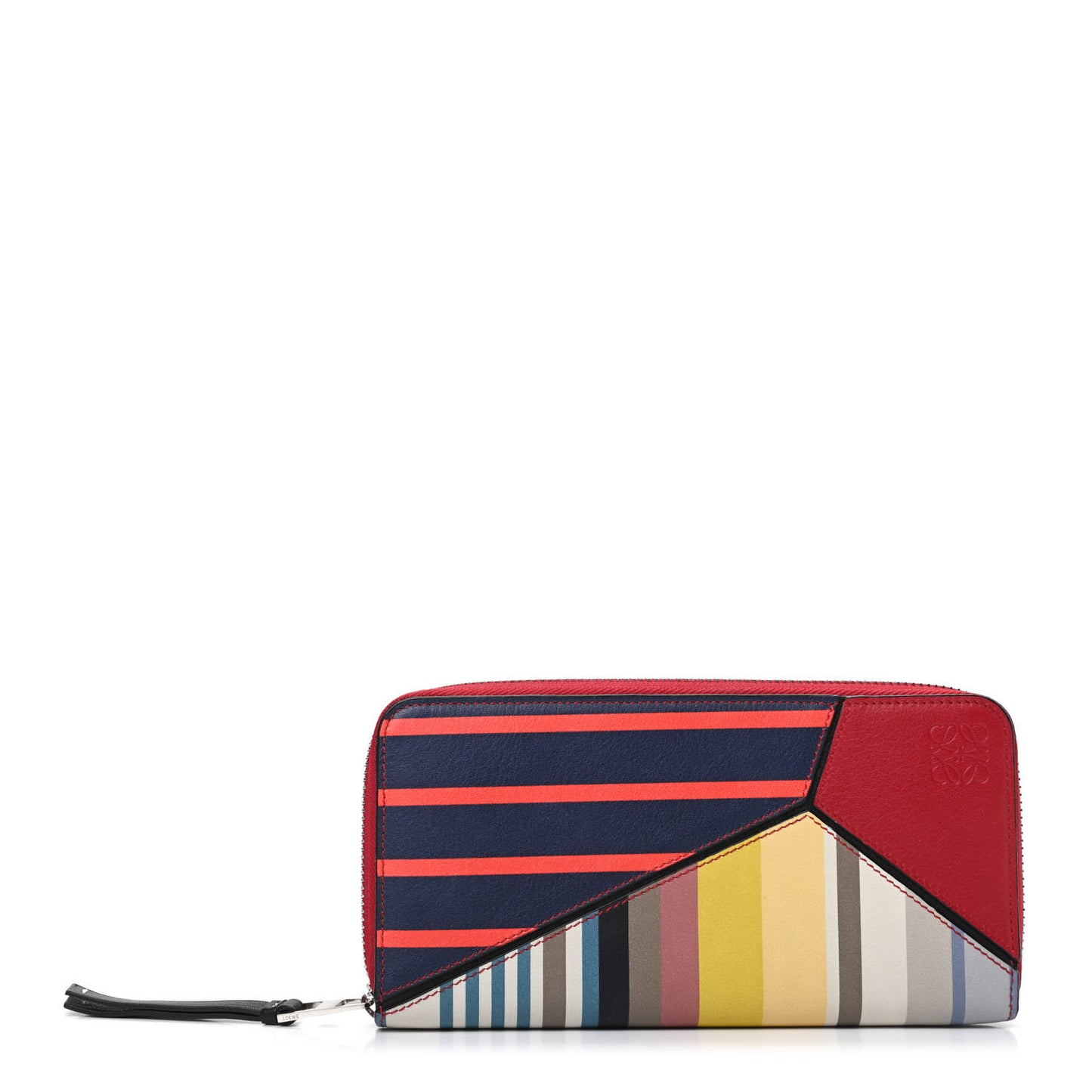 Calfskin Puzzle Striped Colorblock Zip Around Wallet Red Tan