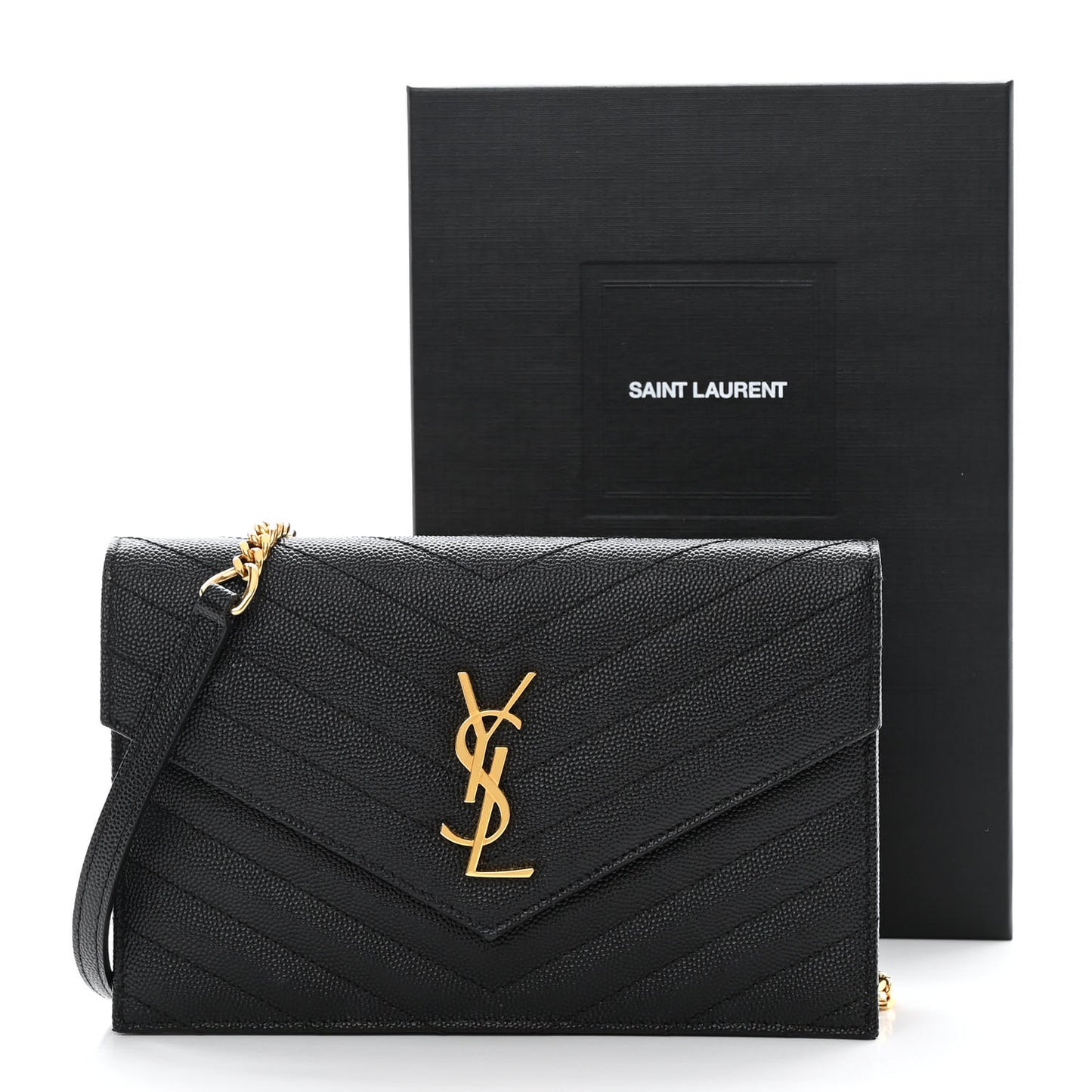 Grain De Poudre Matelasse Chevron Monogram Envelope Chain Wallet Black