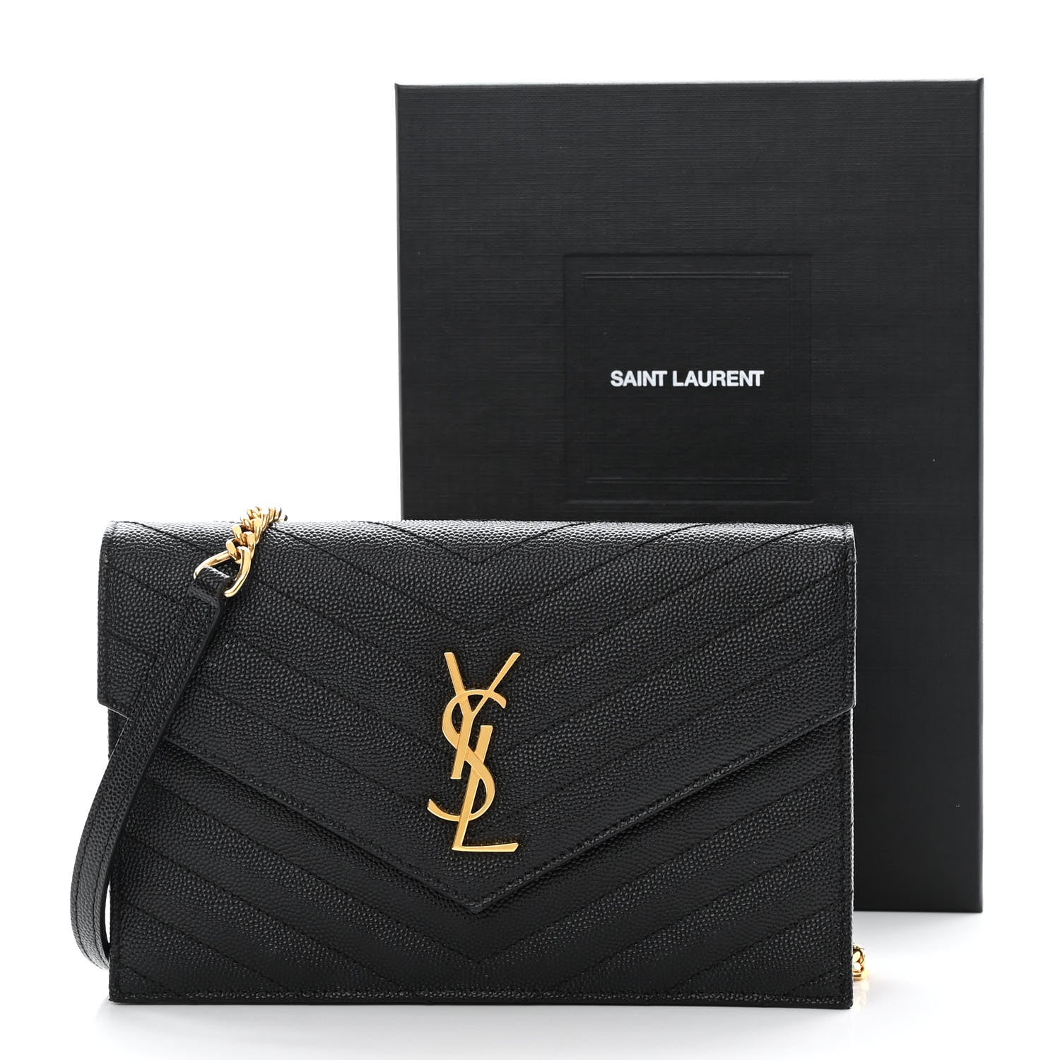 Saint Laurent Grain De Poudre Matelasse Chevron Monogram Envelope Chain Wallet Black 15 of 15