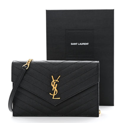 Saint Laurent Grain De Poudre Matelasse Chevron Monogram Envelope Chain Wallet Black 15 of 15