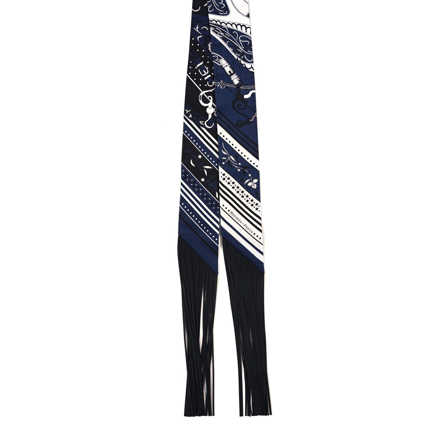Hermes Silk Festival Des Amazones Bandana Fringed Twilly Bleu Black 2 of 3