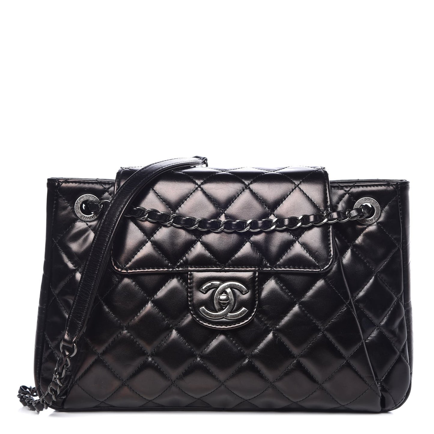 Glazed Calfskin Quilted Accordion Flap Black
