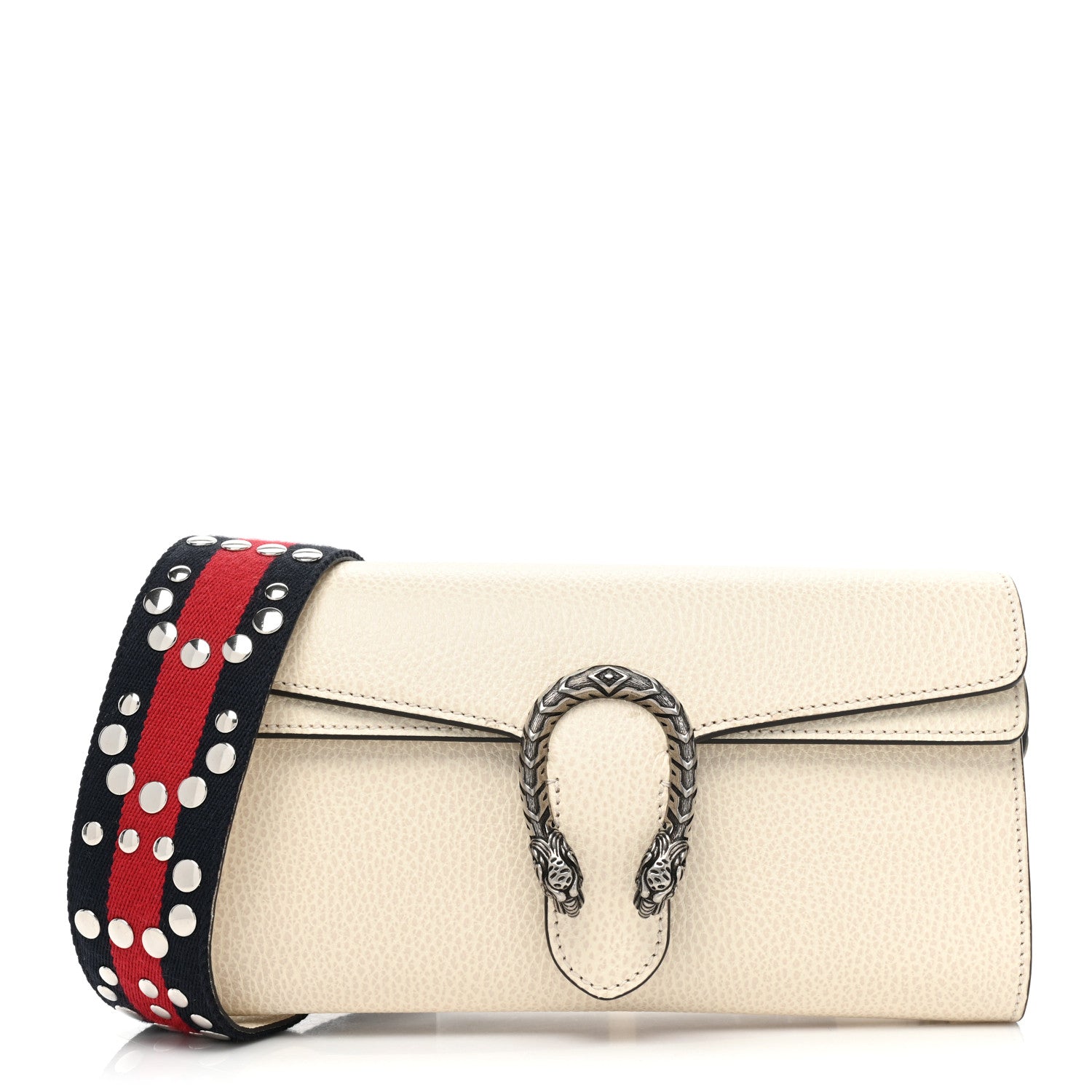 front view image of a GUCCI Dollar Calfskin Web Small Dionysus Crossbody Bag in the color Mystic White by FASHIONPHILE