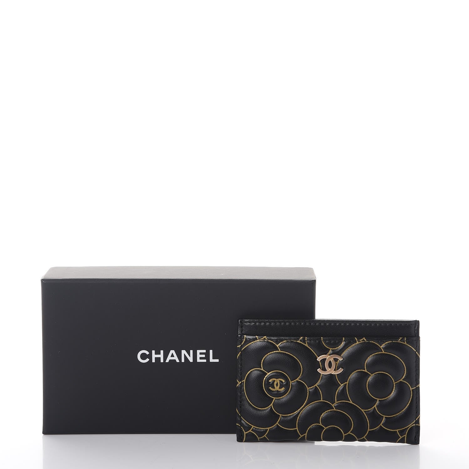 Chanel Lambskin Camellia Embossed Card Holder Black Gold 9 of 9
