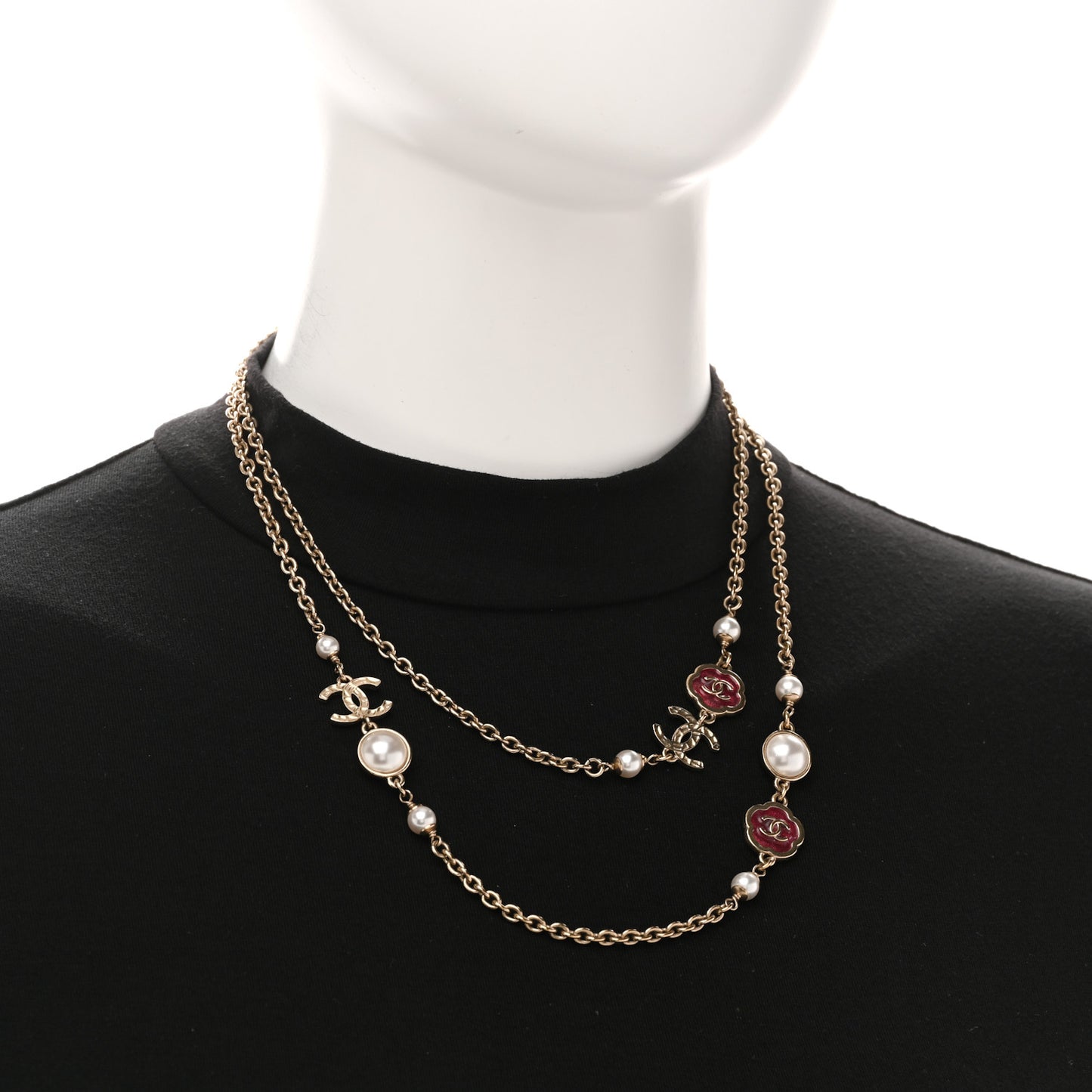 Pearl Enamel CC Camellia Long Necklace Pink Gold