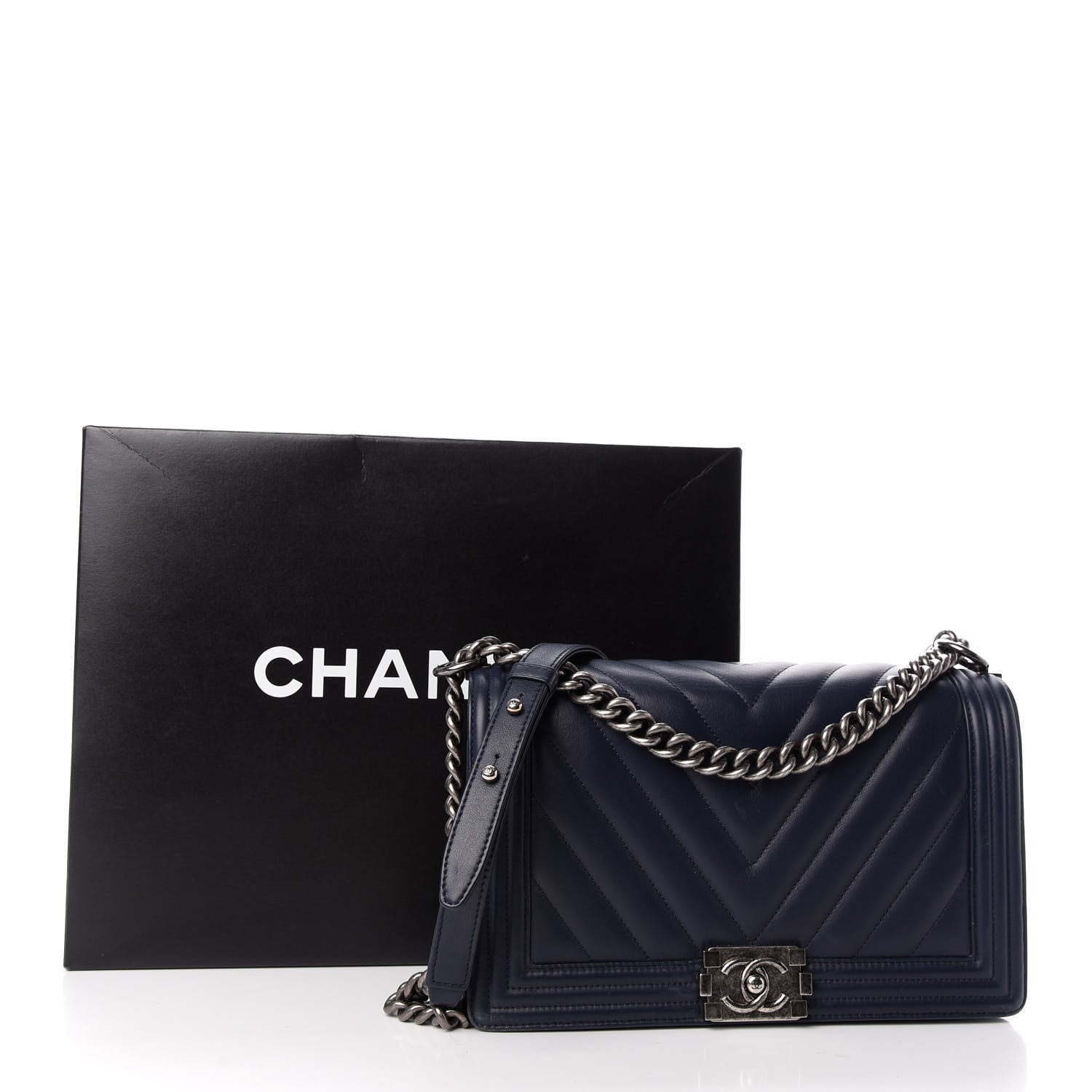 Chanel Lambskin Chevron Quilted New Medium Boy Flap Dark Navy Blue 12 of 12