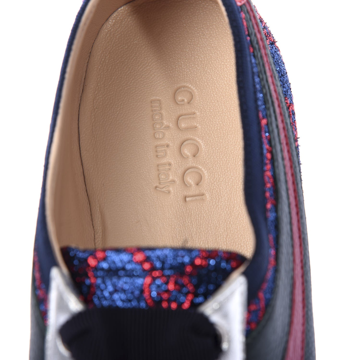 Gucci Lurex Calfskin Web GG Monogram Mens Falacer Sneakers 8.5 Iridescent Blue Iridescent Red Silver 9 of 11