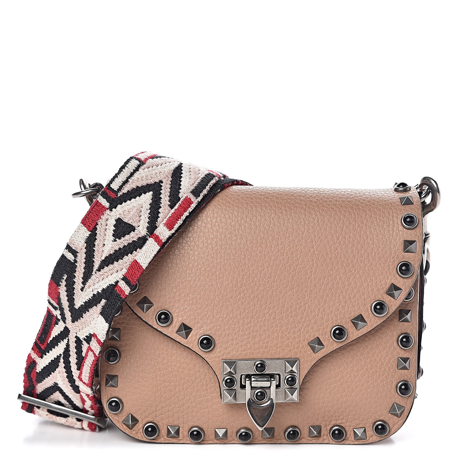 Valentino Garavani Grained Calfskin Onyx Guitar Strap Rockstud Rolling Shoulder Flap Messenger Bag Soft Noisette 1 of 9