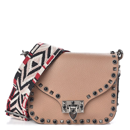 Valentino Garavani Grained Calfskin Onyx Guitar Strap Rockstud Rolling Shoulder Flap Messenger Bag Soft Noisette 1 of 9