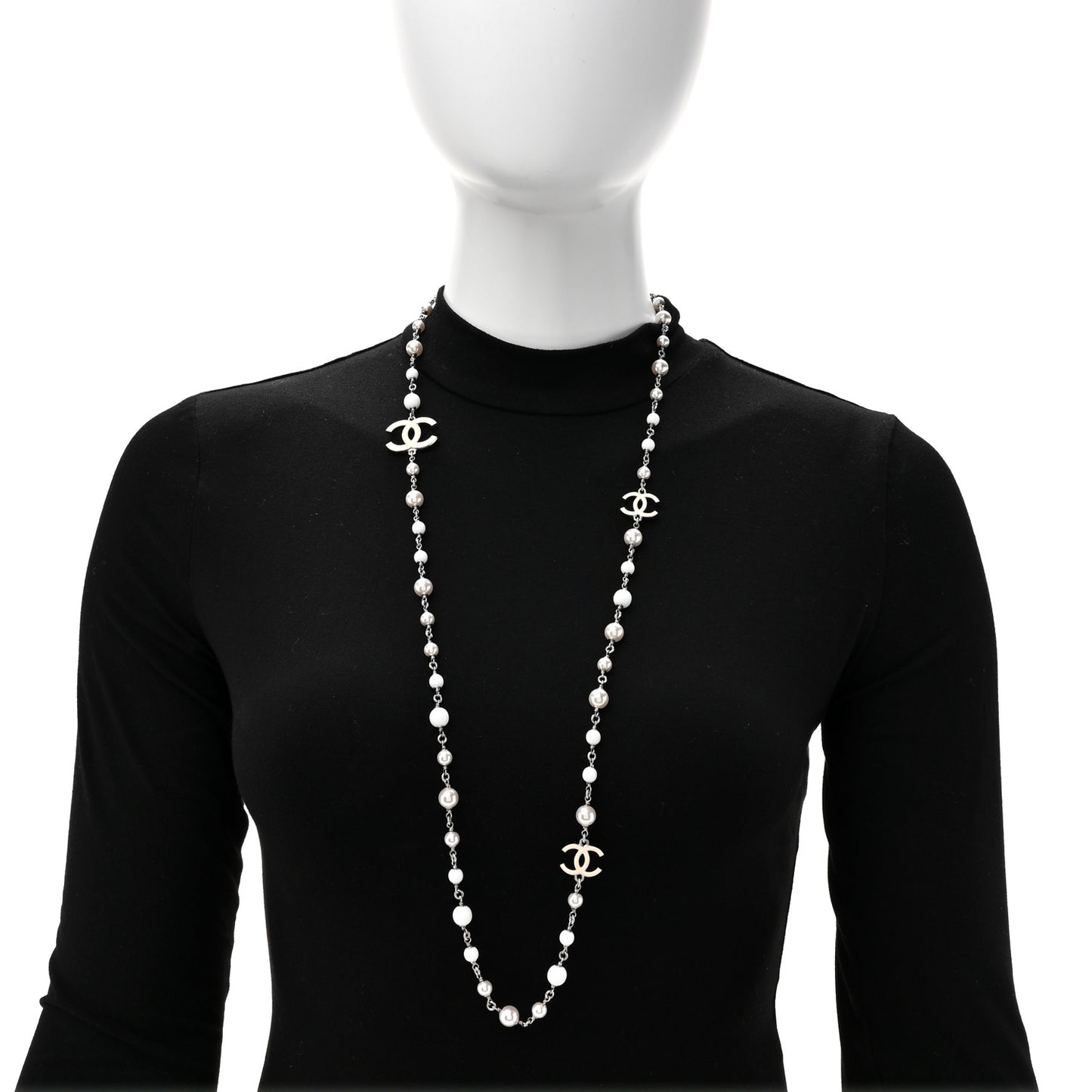 Pearl Enamel Bead CC Long Necklace Silver White