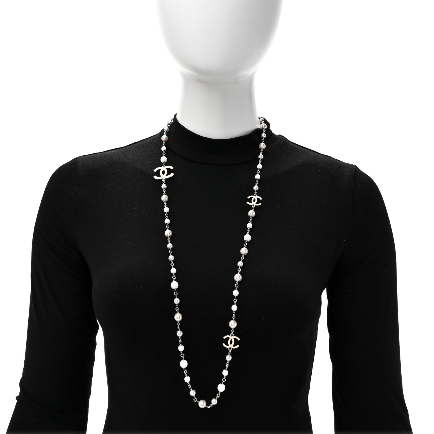 Chanel Pearl Enamel Bead CC Long Necklace Silver White 3 of 4