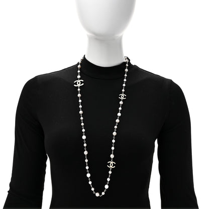 Chanel Pearl Enamel Bead CC Long Necklace Silver White 3 of 4