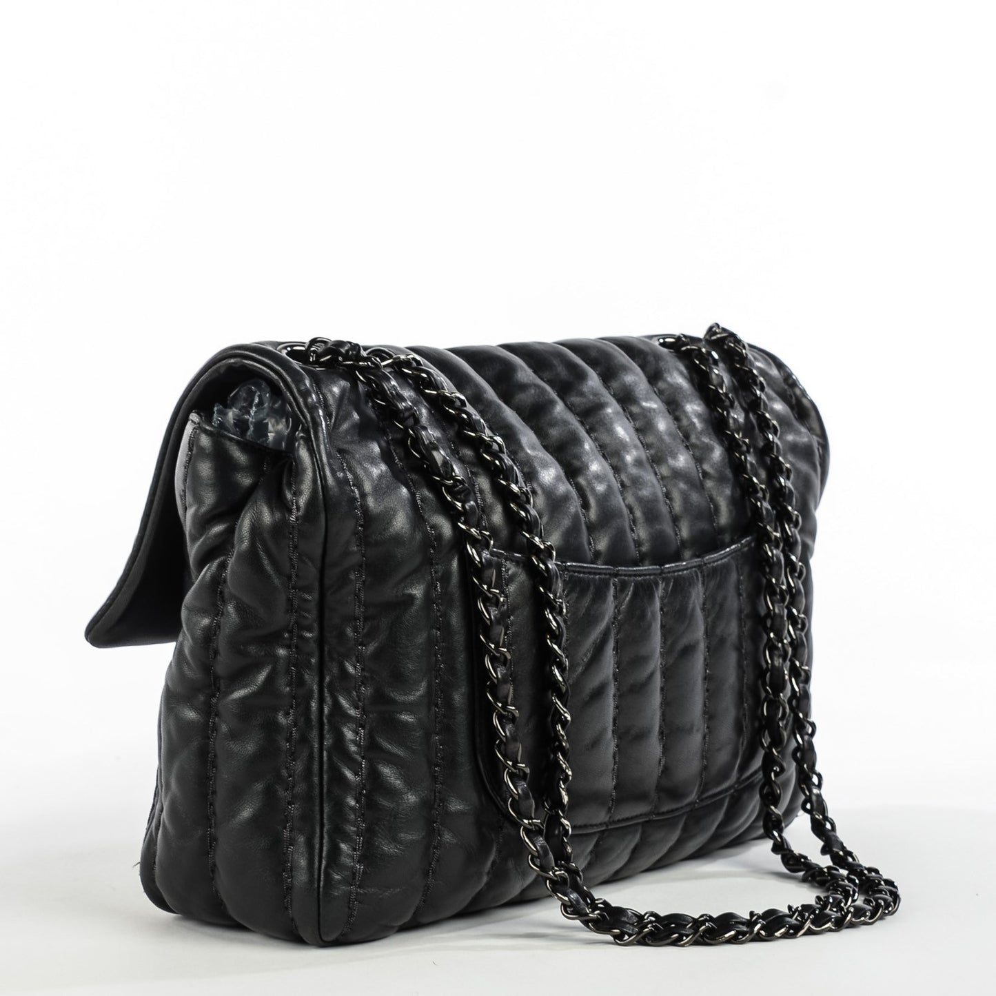 Lambskin Vertical Stitch Jumbo Single Flap Black