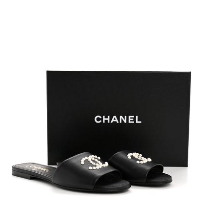 Chanel Lambskin Pearl CC Sandals 39 Black 10 of 10