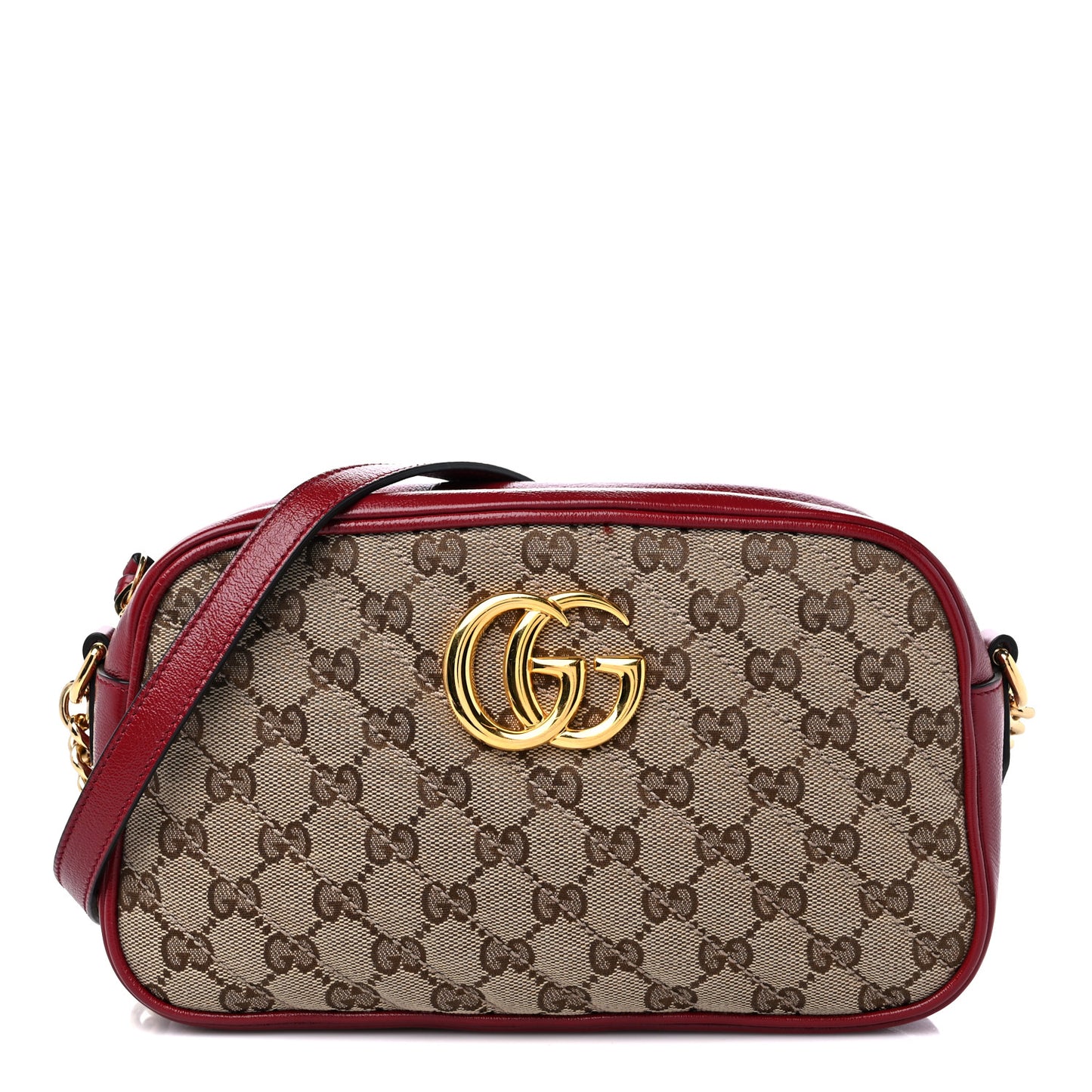 Monogram Azalea Calfskin Matelasse Diagonal Small GG Marmont Chain Shoulder Bag Beige Ebony New Cherry Red